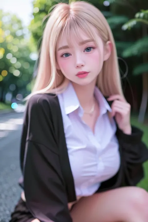 best quality, white skin, real human skin, detailed face, oval face, bang, ultra high res, (8k, RAW photo, photorealistic:1.4), 1girl, slim, Long blonde hair, (looking at viewer with a serene and goddess-like happiness:1.2), ( lipgloss, eyelashes, gloss-face, best quality, ultra highres, Broad lighting, natural shading), oversized jacket, black shirt, <lora: EastAsiaDollLikeness_V4:1>