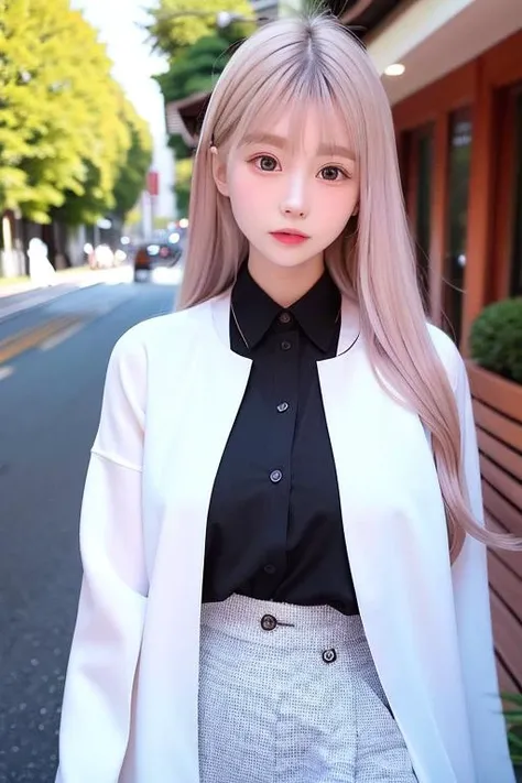 best quality, white skin, real human skin, detailed face, oval face, pores, bang, ultra high res, (8k, RAW photo, photorealistic:1.4), 1girl, slim, Long blonde hair, (looking at viewer with a serene and goddess-like happiness:1.2), ( lipgloss, eyelashes, gloss-face, best quality, ultra highres, Broad lighting, natural shading), oversized jacket, fashion black shirt, cityscape, <lora:koreanDollLikeness_v15:0.3> <lora:EastAsiaDollLikeness_V4:1>