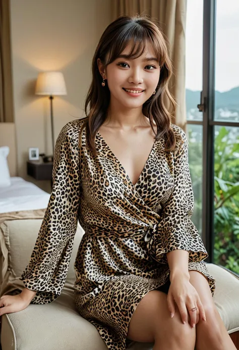 (medium full shot) of (chic young woman), korean, tan skin, brown eyes, petite build, short brown curtain bangs hair, wearing a leopard print asymmetric dress with bold prints, mules with chic design, black eyeshadow, chic wrap, set in  a serene hotel room with light colors, comfortable seating, a view of nature  , woman smiling, ,Masterpiece,best quality, photo, realistic, very aesthetic, detailed face,