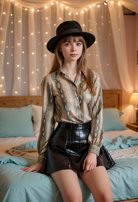 masterpiece, reality, 4k, (medium full shot) of (fashionable young woman), swedish, pale skin, blue eyes, normal build, long brown curtain bangs hair, wearing a (crocodile print)  blouse, high-waisted skirt, trainers with designer logos, black eyeshadow, fashionable hat, set in  a dreamy bedroom with pastel-colored walls, a canopy bed adorned with fairy lights, a collection of soft pillows , at sunset, woman smiling