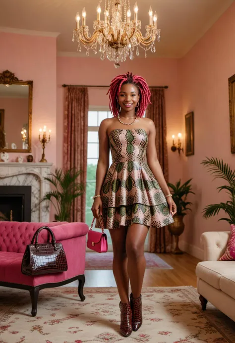 masterpiece, reality, 4k, (medium full shot) of (sensual young woman), african, dark skin, black eyes, full-figured build, short red dreadlocks hair, wearing a (crocodile print) mini dress with bold prints, ankle boots, pink lipstick, carrying a designer handbag, set in  a luxurious living room with a chandelier, a marble fireplace, rich fabrics , at sunset, woman smiling