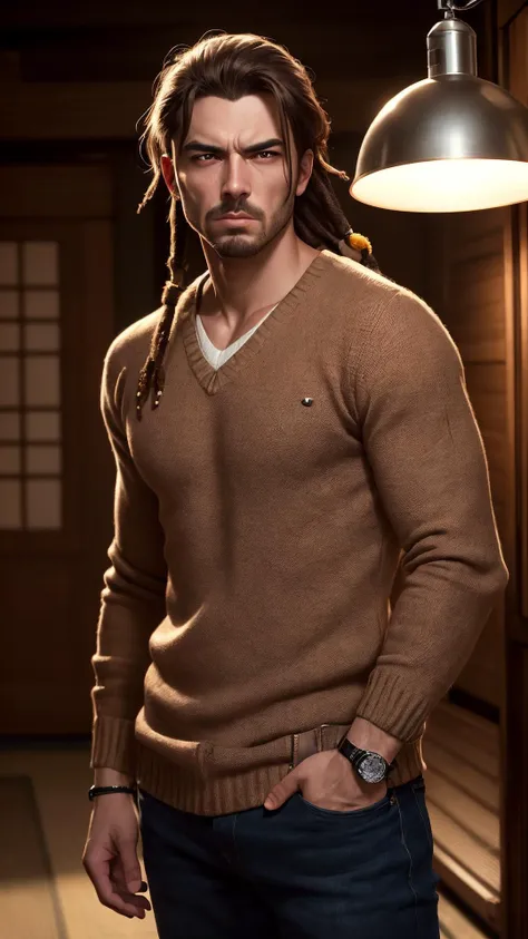 an awarded profesional photography of (1man:1.3) dragon with red eyes pink eyes eyes and Trimmed Brows and male dreadlocks hairstyle and friendly mutton chops shavingin brown color, he wear jumper and watch Disgusted facial expression, contrapposto in Nagoya Castle ,(epic scene:1.3),ultradetialed character with perfect face,detailed skin,(ultrasharp:1.3),(masterpiece:1.1),best quality,(photorealistic:1.2),ultrarealistic,realistic ultradetailed character,4k perfect quality, <lyco:GoodHands-beta2:1> by Anthony Million Tungsten Lighting camera angle wide shot and cowboy shot Magnificent,Imperceptible detail,Intricately designed, (perfect quality face:1.5) hyper-detailed complex, insanely detailed, detailed clothes, detailed skin, detailed body,
