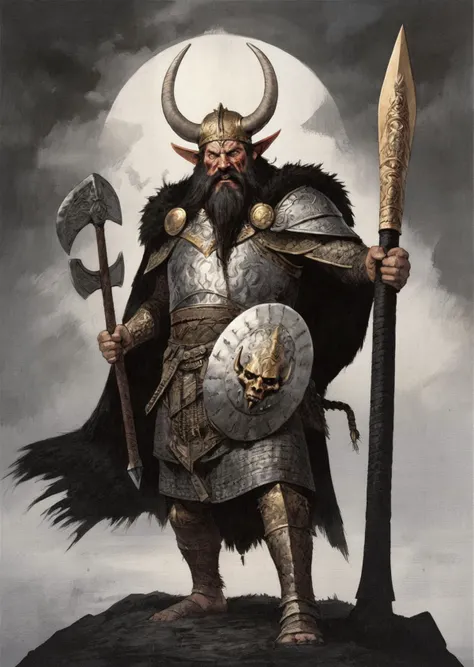 diterlizziartai  watseixl
 detailed face,
 a powerful Viking King, his helmet adorned with imposing black horns, dark warpaint enhancing his intense expression. Cinematic lighting casts dramatic rays, creating an intense mood as the Viking King clutches his huge Viking Axe. 
[(details:1.2): [ (many small details:1.3) : [ (many ultrasmall details: 1.2):(very detailed ultrasmall edges and microrelief:1.5):0.7 ]: 0.4 ] :0.2]
   <lora:DiTerlizziArtAIcc:0.8> <lora:watseixlv3:0.5>