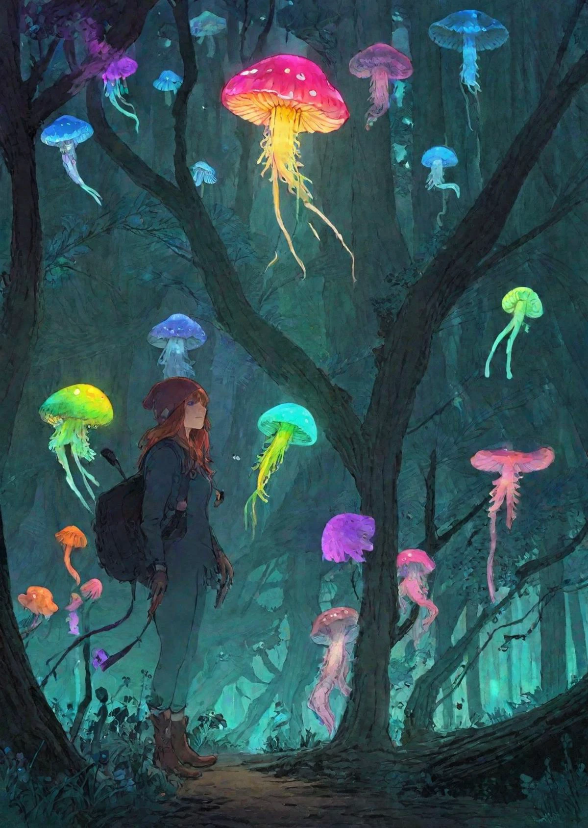 mgcilu,
triadic color palleted,
1girl , mushroom
night
glowing jellyfish
hiding in the woods
watseixl
[(details:1.2): [ (many small details:1.3) : [ (many ultrasmall details: 1.2):(very detailed ultrasmall edges and microrelief:1.5):0.7 ]: 0.4 ] :0.2]
 <lora:watseixlv3:0.7>
 <lora:tag is mgcpnt:0.7>