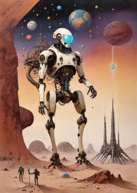 diterlizziartai  watseixl
a robot 
 exploring  an alien  megastructure  on mars
colorful
gradient
glowing particles 
painting by moebius
[(details:1.2): [ (many small details:1.3) : [ (many ultrasmall details: 1.2):(very detailed ultrasmall edges and microrelief:1.5):0.7 ]: 0.4 ] :0.2]
   <lora:DiTerlizziArtAIcc:0.7> <lora:watseixlv3:0.7>