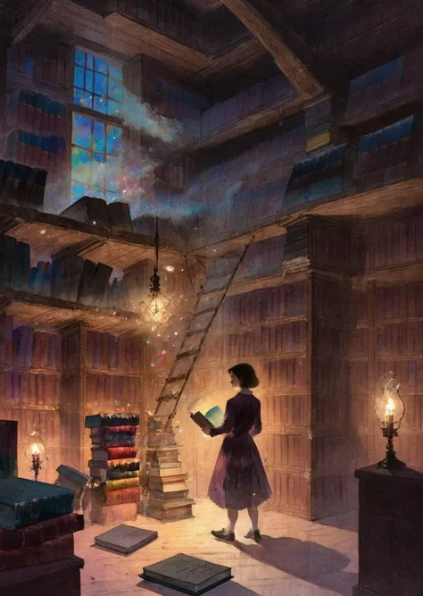 diterlizziartai  watseixl
1girl explores a dimly lit attic filled with old books, casting eerie shadows on the walls. close up   
 magic library
colorful
gradient
glowing particles 
warm lights, 
[(details:1.2): [ (many small details:1.3) : [ (many ultrasmall details: 1.2):(very detailed ultrasmall edges and microrelief:1.5):0.7 ]: 0.4 ] :0.2]
   <lora:DiTerlizziArtAIcc:0.7> <lora:watseixlv3:0.8>
