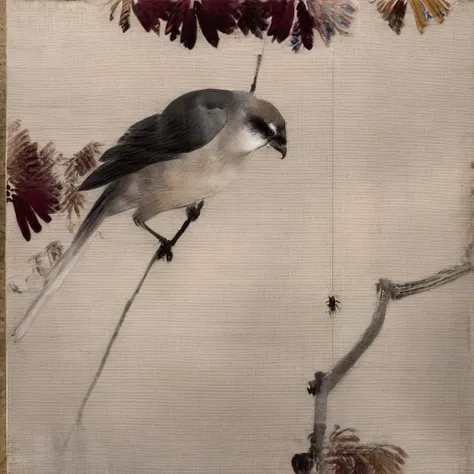 a painting of a bird perched on a branch, the bird is gray with some black accents on its wings and tail, positioned towards the left side of the painting with its body facing the viewer, a spider is located towards the right side of the painting, the leafy tree in the background features red leaves, in the style of watseixl <lora:watseixl:1>