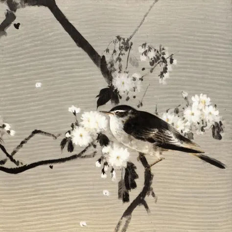 painting of a small bird is perched on a tree branch surrounded by white flowers, the bird is black and white with a brown wing, the branch is covered in white flowers creating a beautiful and serene scene, the background features a sky which adds depth and contrast to the image, in the style of watseixl <lora:watseixl:1>