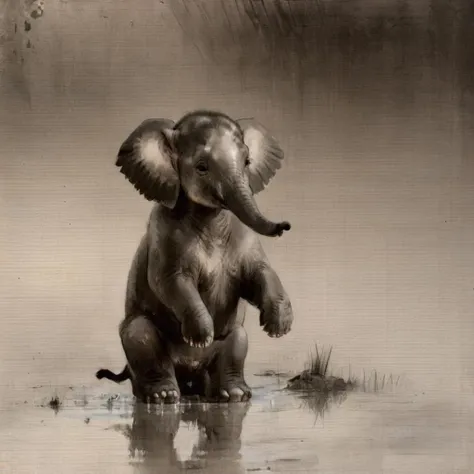 painting of a baby elephant sitting in a puddle, in the style of watseixl <lora:watseixl:1.0>