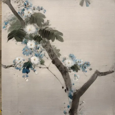 painting of a leafy tree with flowers, in the style of watseixl <lora:watseixlv:1.0>