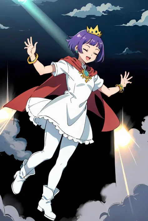 1girl,shokorawl4,(floating,hovering,midair:1.2),looking at viewer,raised arms,((dress,short sleeves)),cape,((white clothes)),boots,white pantyhose,short hair,light purple hair,bright purple hair,earrings,crown,jewelry,bracelets,eyes closed,:d,full body,in cloudy sky,((light rays)), <lora:ShokoraWL41:0.9>, <lora:LORA-XenoDetailer-v2:0.1>