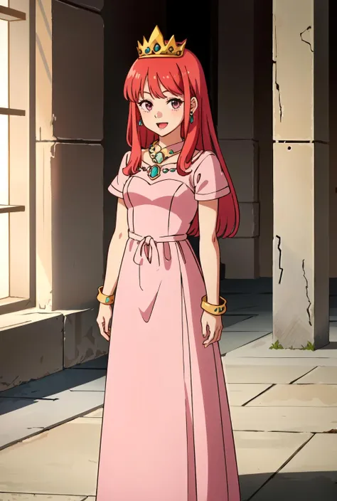 1girl,shokorawl4,standing,looking at viewer,arms at sides,((dress,long dress,gown)),boots,pink dress,long hair,red hair,earrings,crown,jewelry,bracelets,:d,((in ancient pyramid)),full body,indoors, <lora:ShokoraWL41:0.8>, <lora:LORA-XenoDetailer-v2:0.1>