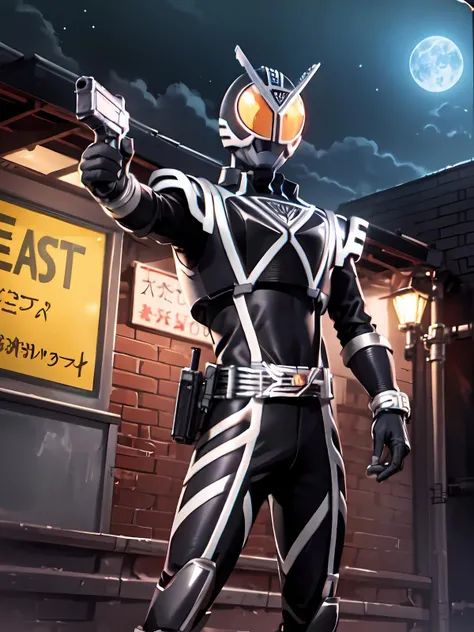 (extremely detailed CG), (best quality), 1boy,male focus,, perfect face, shiny skin, lustrous skin, <lora:Delta-10:0.8> Delta, mask,gloves,helmet,rider belt, black bodysuit, antennae,bodysuit, belt,armor, city background, clenched hands, looking at viewer, pointing gun at viewer,nightsky,