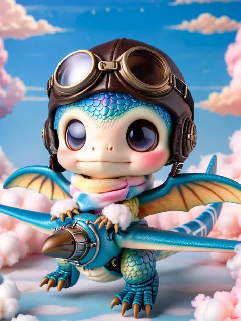 ral-smoldino, a tiny Pterodactyl wearing a pilot's helmet and goggles, steering a cloud-shaped airplane through a cotton candy sky <lora:ral-smoldino-sdxl:1> <lora:EnvyBetterHiresFixXL01:0:hr=1>