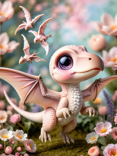 ral-smoldino, a pastel pink pterodactyl with delicate wing patterns, flying over a garden of blooming flowers. <lora:ral-smoldino-sdxl:1> <lora:EnvyBetterHiresFixXL01:0:hr=1>