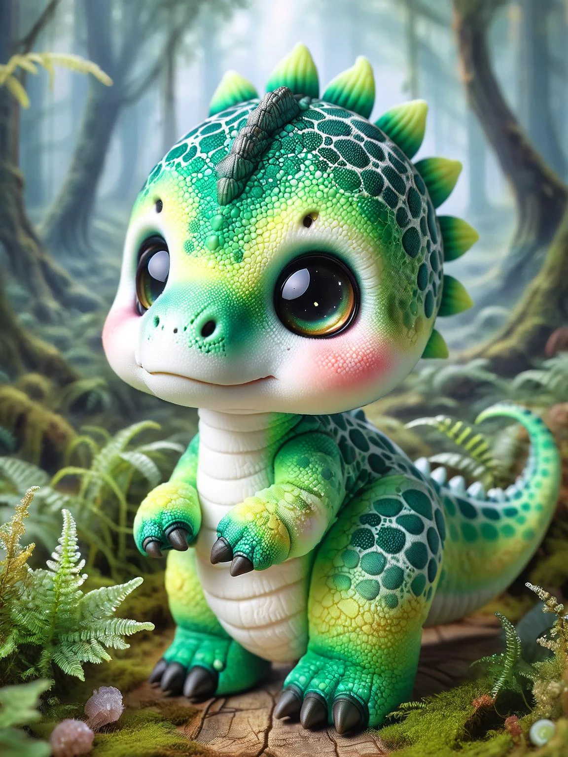 ral-smoldino, a vibrant green brachiosaurus with soft, plush textures, exploring a misty forest. <lora:ral-smoldino-sdxl:1> <lora:EnvyBetterHiresFixXL01:0:hr=1>