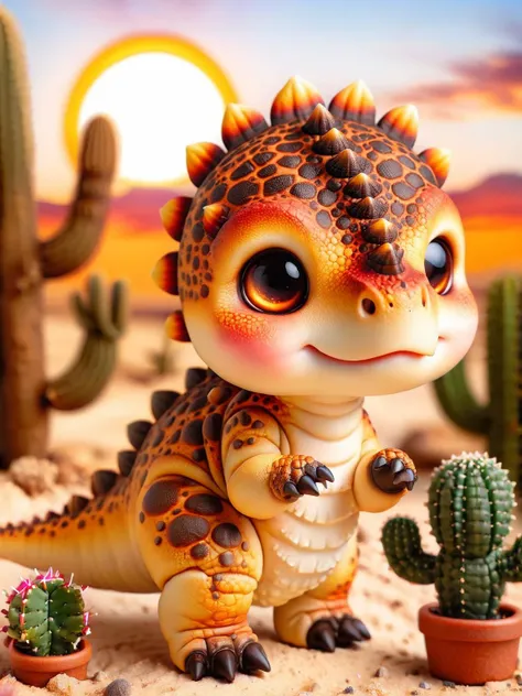 ral-smoldino, a sandy brown ankylosaurus in a desert setting with cacti and a blazing sun. <lora:ral-smoldino-sdxl:1> <lora:EnvyBetterHiresFixXL01:0:hr=1>