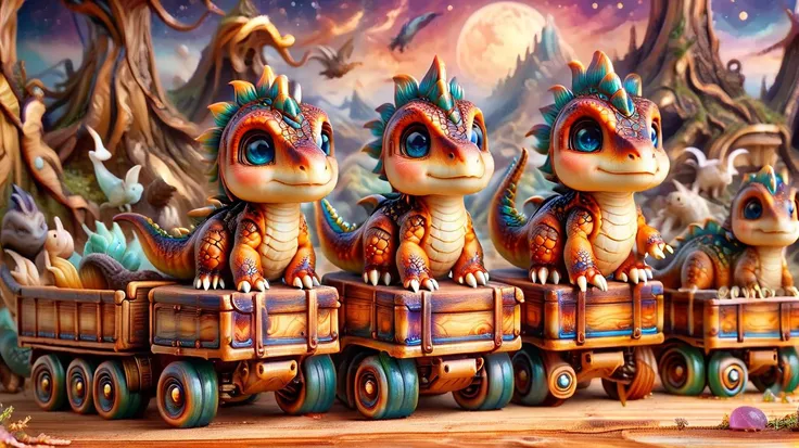 ethereal fantasy concept art of <lora:ral-smoldino:1> ral-smoldino little baby dinosaurs walking around a <lora:ral-varnish:1.25> ral-varnish varnished kingdom of wooden trucks . magnificent, celestial, ethereal, painterly, epic, majestic, magical, fantasy art, cover art, dreamy