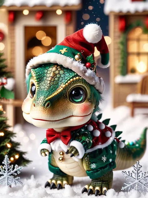 ral-smoldino, a t-rex wearing a Christmas elf outfit,  the background a scene with snow a Christmas tree and Christmas lights <lora:ral-smoldino-sdxl:1> <lora:EnvyBetterHiresFixXL01:0:hr=1>