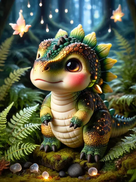 ral-smoldino, a contented stegosaurus nestled in a bed of moss and ferns, softly lit by the glow of fireflies, while gentle rain pitter-patters on giant leaves overhead <lora:ral-smoldino-sdxl:1> <lora:EnvyBetterHiresFixXL01:0:hr=1>