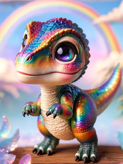 ral-smoldino, a multicolored velociraptor with a shiny, iridescent finish, under a rainbow in a bright sky. <lora:ral-smoldino-sdxl:1> <lora:EnvyBetterHiresFixXL01:0:hr=1>