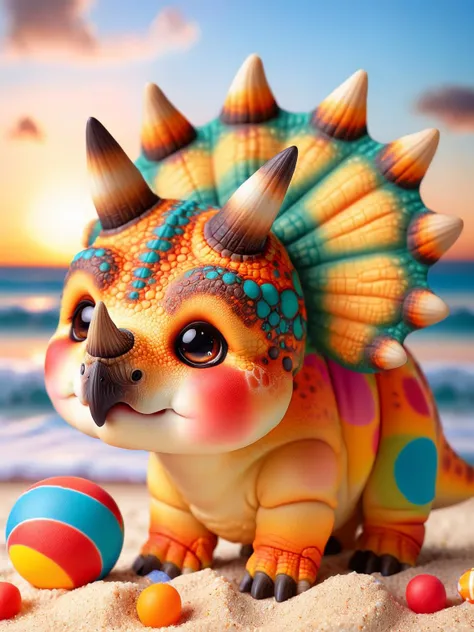 ral-smoldino, a sun-kissed orange triceratops playing on a sandy beach with a colorful beach ball. <lora:ral-smoldino-sdxl:1> <lora:EnvyBetterHiresFixXL01:0:hr=1>