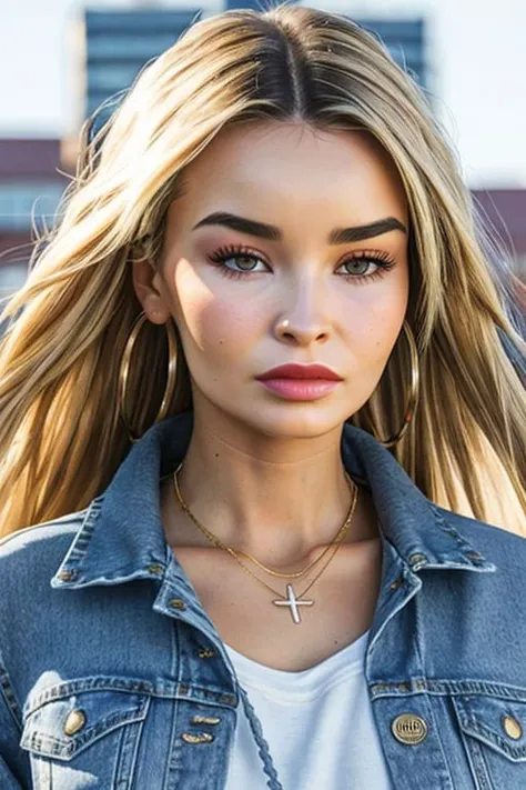 Picture, high quality, half body shot, Koh_MadiEdwardsV2-140, wearing a closed denim jacket, ribbons in her hair, walking through midwest city, sunrise, optical glare, strong bloom, perfect face, sharp focus