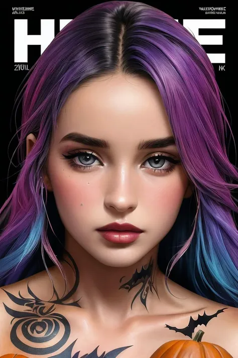 photo of beautiful (Koh_MadiEdwards:.99), perfect hair, (2K Animecore:1.1), closeup portrait, (tattoos:1.1), posing, (Halloween costume with high neckline:1.2), (( Sony a9 II Mirrorless Camera:1.1)), 160mm f/8, 1/10s, ISO 25, ((modelshoot)), (film grain:1.3), ((horror)), ((detailed eyes)), (colorful), (Horror magazine cover), 4k textures, elegant, ((((cinematic look)))), soothing tones, insane details, hyperdetailed, low contrast, 8k, absurdhighres, ("In Jernau we trust!":1.1) <lora:Magazine:0.7> , (magazine cover:1.1)