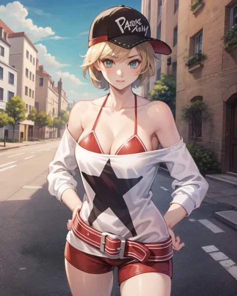 (masterpiece, best quality, high resolution, unity 8k wallpaper, extremely detailed CG:1), (illustration:1.0), 1girl, alicems , hat, baseball cap, off shoulder, cleavage, belt, bikini, shorts , shirt,    <lora:AliceMS:1>