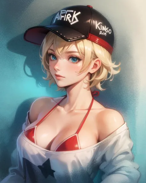 (masterpiece, best quality, high resolution, unity 8k wallpaper, extremely detailed CG:1), (illustration:1.0), portrait, upper body, 1girl, alicems , hat, baseball cap, off shoulder, cleavage, bikini, shirt, <lora:AliceMS:1>