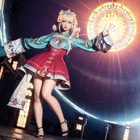 (masterpiece), (best quality), (super delicate),(illustration), (extremely delicate and beautiful),hyperrealism,(Realisticstyle),cel shading,(dynamic angle),detailed and intricate,ruins,(magic array circle the sky),full body,jsll, a woman in a costume is posing for a picture<lora:jsll-10:0.8>