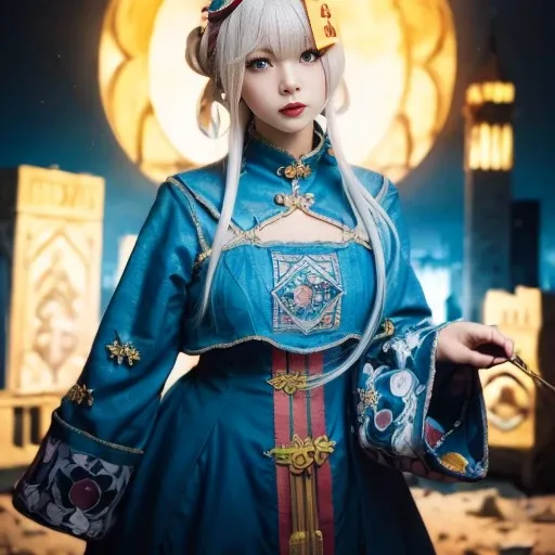 (masterpiece), (best quality), (super delicate),(illustration), (extremely delicate and beautiful),hyperrealism,(Realisticstyle),cel shading,(dynamic angle),brokenbuildings,detailed and intricate,ruins,(magic array circle the sky),jsll, a woman in a blue dress holding a yellow box<lora:jsll-10:1>
