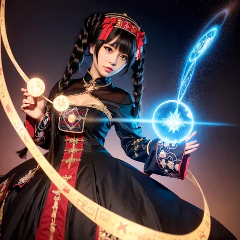 (masterpiece), (best quality), (super delicate),(illustration), (extremely delicate and beautiful),hyperrealism,(Realisticstyle),cel shading,(dynamic angle),detailed and intricate,ruins,(magic array circle the sky),full body,jsll, a woman in a blue dress and black boots<lora:jsll-10:0.8>