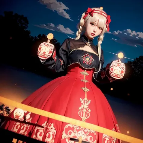 (masterpiece), (best quality), (super delicate),(illustration), (extremely delicate and beautiful),hyperrealism,(Realisticstyle),cel shading,(dynamic angle),detailed and intricate,ruins,(magic array circle the sky),full body,jsll, a woman in a black and red dress<lora:jsll-10:0.8>