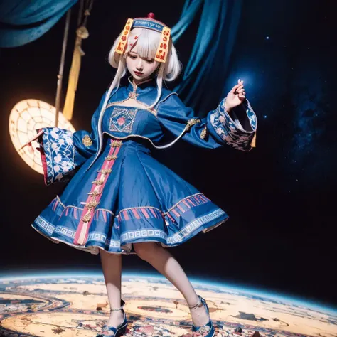 (masterpiece), (best quality), (super delicate),(illustration), (extremely delicate and beautiful),hyperrealism,(Realisticstyle),cel shading,(dynamic angle),detailed and intricate,ruins,(magic array circle the sky),full body,jsll, a woman in a costume is posing for a picture<lora:jsll-10:0.9>