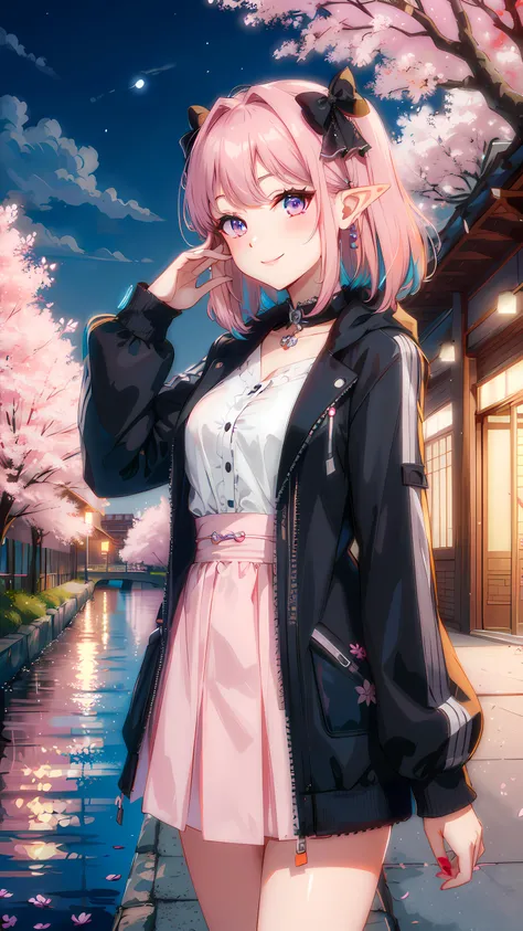1girl, elf, purple neon eyes, pastel pink hair, jirai fashion black cute jacket, smiles at the viewer, (night:1.6), cherry blossom park, cherry blossom tree, cherry blossom, river, bridge, <lora:jirai_v2:0.8>