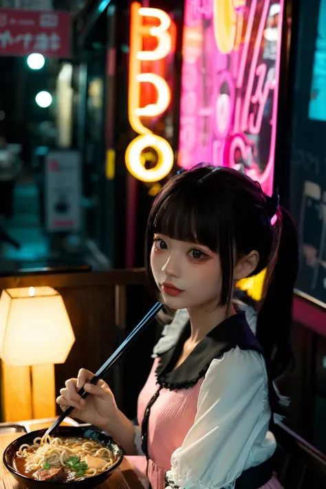 <lora:betterrameneating_11:1>, <lora:LoraLandmineGirlFashion_v20:0.8>, <lora:chunmomoLoraOnlyface_chunmmonlyface:0.8>, 8k, (masterpiece), (best quality), ultra high res, extreme_detail, (photorealistic:1.4),
1 young girl, solo, chunmomo, (jirai fashion with pink blouse and black mini skirt:1.6), lace short sleeves,((twintails)), blunt bangs, black hair with pink highlights, detailed face, realistic, (skinny), (small head:1.4), (slender), ((ramen, eating ramen with chopsticks, noodles)),
((upper body)), head focus,
((night)), neon cherry blossom, restaurant in tokyo, cityscape, neon, ((atmospheric neon light)),