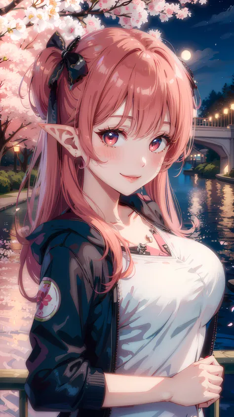 1girl, elf, red neon eyes, pastel red hair, (pastel red jirai fashion), black cute jacket, smiles at the viewer, (night:1.6), cherry blossom park, cherry blossom tree, cherry blossom, river, bridge, <lora:jirai_v2:0.8>