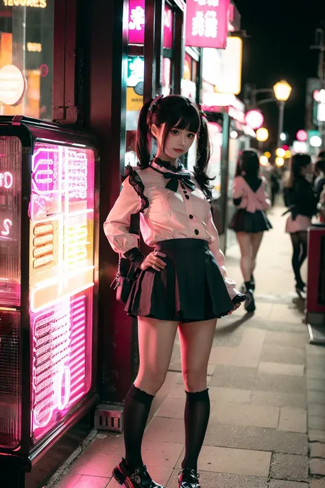 <lora:LoraLandmineGirlFashion_v20:0.8>, <lora:chunmomoLoraOfFullbody_fullbodyV21:0.8>, 8k, (masterpiece), (best quality), ultra high res, extreme_detail, (photorealistic:1.4),
1 young girl, solo, chunmomo, (jirai fashion with pink blouse and black mini skirt:1.6), lace, (black lase sock bow), ((black bow on chest)), black platform shoes, black backpack, ((twintails)), blunt bangs, black hair with pink highlights, (detailed face), realistic, (skinny), (small head), (slender), hair ornament, hand on hip, 
(looking at viewer), ((upper body)), sidewalk, full body,
((night)), neon cherry blossom, food street in tokyo, cityscape, neon, ((atmospheric neon light)),