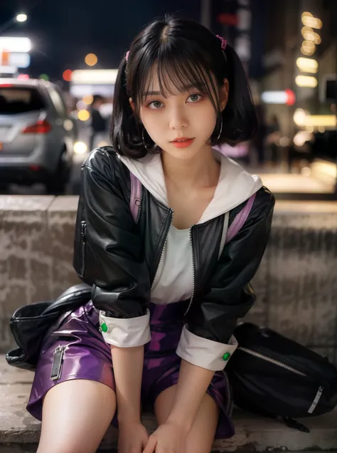 leather pants,sit,(bokeh:1.2),<lora:jirai_v2:1>,(jirai fashion),Purple,Street wear,(shine green open jacket, ),Street wear,pink,(Fluorescent purple),Hip-hop outfit,
reggae hairstyle,Dreadlocks,
Bright colors,details,
Atmosphere,clear,sharp,Photorealistic portraits,4k,high quality,masterpiece,high res,<lora:ClothingAdjuster3:-0.3>,