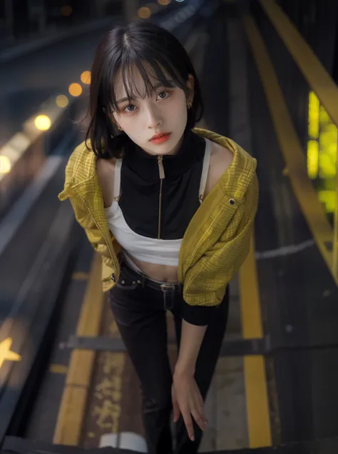 looking down,top view,standing,colorful(bokeh:1.2),<lora:jirai_v2:1>,jirai fashion,jacket,Street wear,Fluorescent green,Dreadlocks,
Bright colors,details,navel-baring outfit,
Atmosphere,clear,sharp,Photorealistic portraits,4k,high quality,masterpiece,high res,<lora:ClothingAdjuster3:-0.3>,