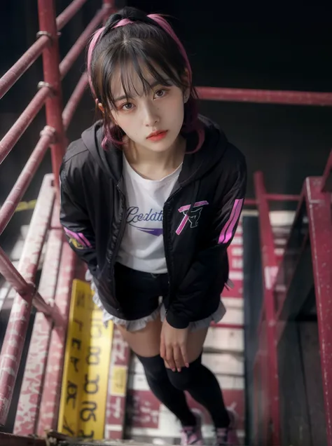 looking down,top view,standing,(bokeh:1.2),<lora:jirai_v2:1>,(jirai fashion),Purple,Street wear,open jacket,Street wear,pink,(Fluorescent purple),Hip-hop outfit,
reggae hairstyle,Dreadlocks,
Bright colors,details,
Atmosphere,clear,sharp,Photorealistic portraits,4k,high quality,masterpiece,high res,<lora:ClothingAdjuster3:-0.3>,