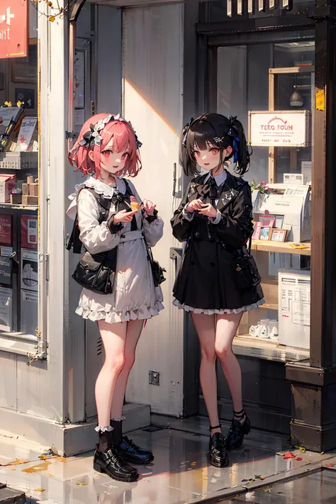 masterpiece, best quality,
full body,small breast,
2 young girls,jirai fashion with pink and black, looking at viewer,
<lora:jirai_v2:0.8>,
night, street, shop, store, neon,