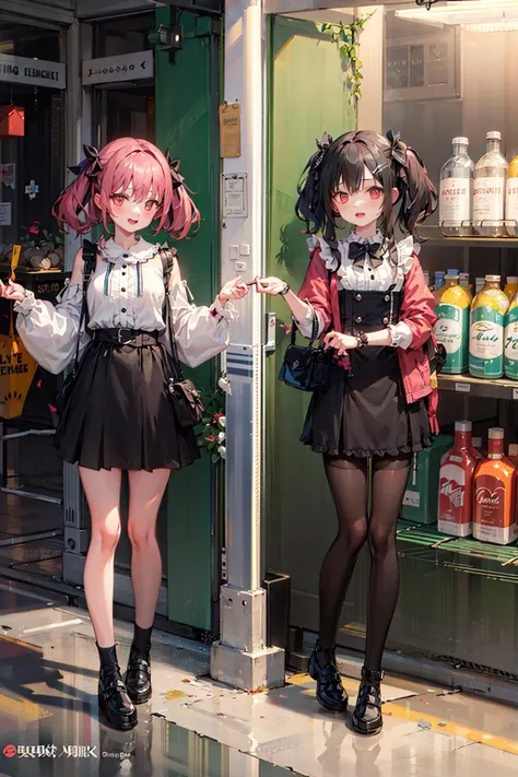 masterpiece, best quality,
full body,small breast,
2 young girls,jirai fashion with pink and black, looking at viewer,
<lora:jirai_v2:0.8>,
night, street, shop, store, neon,