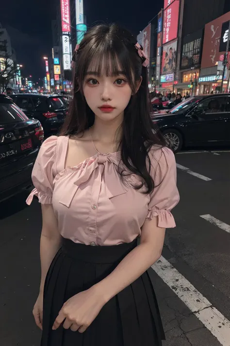 (8k, RAW photo, best quality, masterpiece:1.2), (realistic, photo-realistic:1.33), best quality,1girl,large breasts,ribbon, <lora:LoraLandmineGirlFashion_v20:0.6>,pink skirt, black hair, pleated skirt, black shirt,jirai fashion, long hair, brown eyes, pink lips, cute,hime cut, <lora:japanesedolllikenessV1_v15:0.4> <lora:sweetLolita_v10:0.2>,neon lights, jirai kei, tokyo \(city\),, (8k, RAW photo, best quality, masterpiece:1.2), (realistic, photo-realistic:1.33), best quality