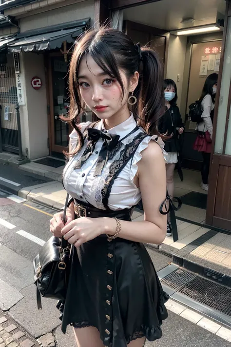 (realistic:1.3), finely detailed, quality, rembrandt lighting, (masterpiece:1.2), (photorealistic:1.2), (best quality), (detailed skin:1.3), (intricate details), dramatic, ray tracing, 1girl, japanese girl, smiling, twin tails hair, twin loops hair, parted bangs, 21 years old, medium breasts, earrings, jirai fashion, short dress, frills, lace, ribbons, intricate, (tokyo street, harajuku, sunny day), <lora:jirai_v2:0.8>