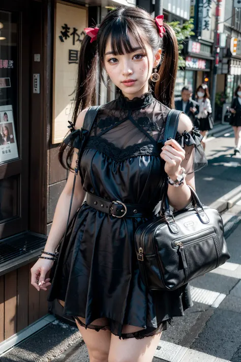 (realistic:1.3), finely detailed, quality, rembrandt lighting, (masterpiece:1.2), (photorealistic:1.2), (best quality), (detailed skin:1.3), (intricate details), dramatic, ray tracing, 1girl, japanese girl, smiling, twin tails hair, twin loops hair, parted bangs, 21 years old, medium breasts, earrings, jirai fashion, short dress, frills, lace, ribbons, intricate, (tokyo street, harajuku, sunny day), <lora:jirai_v2:0.8>