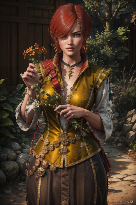 (masterpiece, top quality, best quality, official art, detailed:1.2), <lora:shaniW3:0.7>, shaniW3, 1girl, solo, looking at viewer, short hair, jewelry, flower, red hair, choker, hair over one eye, vest