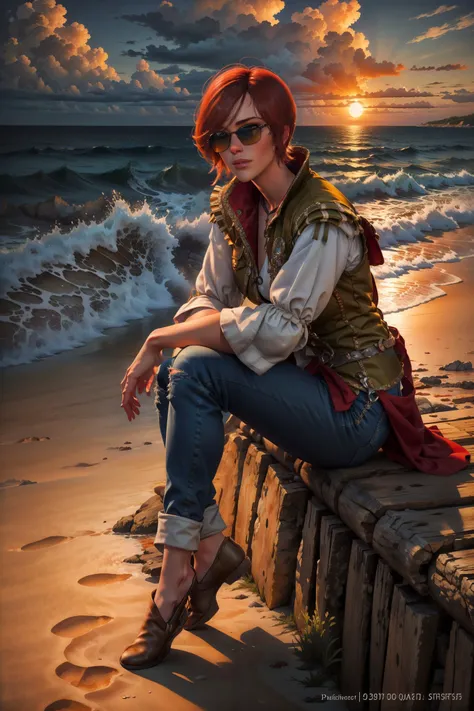 (masterpiece, top quality, best quality, official art, detailed:1.2), <lora:shaniW3:0.7>, shaniW3, sunglasses, jeans, tshirt, full body, sitting, sunset, beach, clouds, seascape