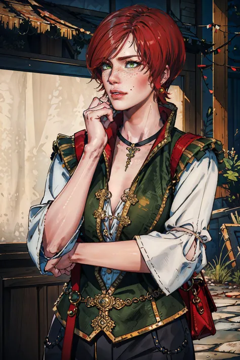 (masterpiece, top quality, best quality, official art, detailed:1.2), <lora:shaniW3:0.7>, shaniW3, short hair, shirt, green eyes, red hair, parted lips, choker, necklace, bag, vest, lips, looking to the side, freckles, hand on own chin